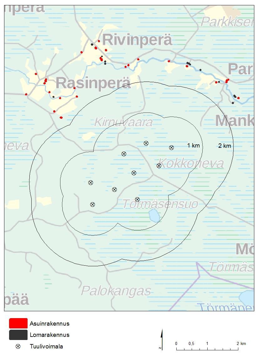 Kuva 2. Asutus ja voimaloiden sijainti. 1 ja 2 km etäisyysvyöhykkeet tuulivoimaloista (Lähde: MML, WSP 2017). 3. Tiedot hankkeesta 3.1. Hankkeen tekninen kuvaus Hanke koostuu tuulivoimaloista perustuksineen, niitä yhdistävistä maakaapeleista, sekä tuulivoimaloita yhdistävistä teistä.