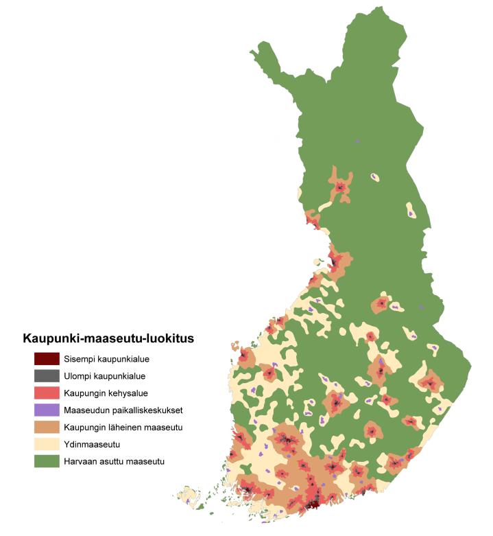73 Kuva 33. Kaupunki-maaseutu-luokitus kartalla (Ympäristöhallinto 2017) Kyselyssä vastaajia saatiin melko hyvin muista luokitusalueista paitsi maaseudun paikalliskeskuksista.