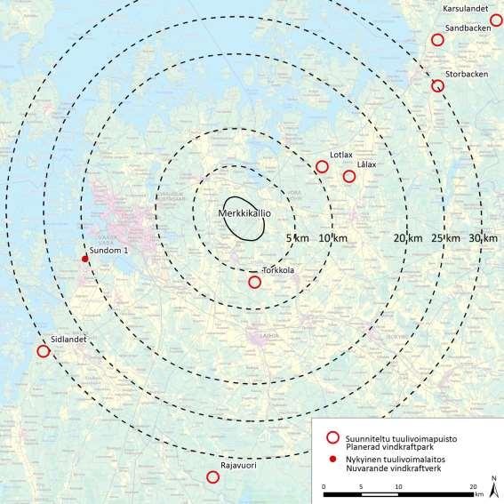 Kuva 15.1. Hankkeen läheisyydessä sijaitsevat toiminnassa olevat tuulivoimalat sekä suunnitellut hankkeet. 15.4 