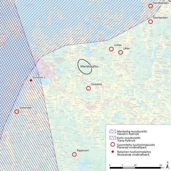 Kuva 15.3. Kurjen ja merikotkan päämuuttoväylät sijoittuvat Merkkikallion ja sitä lähimpien tuulivoimahankkeiden pohjois- ja länsipuolille (BirdLife 2014)