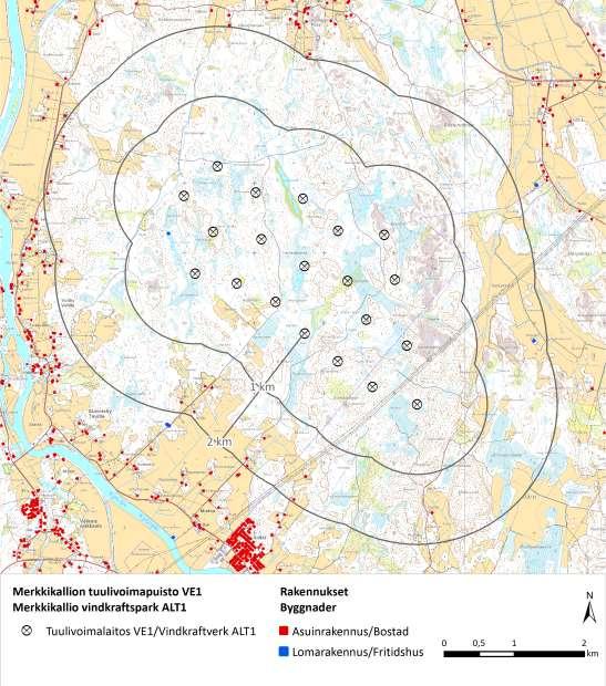 <1 km 0 (1) (1) <2 km 24 2 + (1) 26 + (1) Etäisyys lähimpään tuulivoimalaan VE3 Asuinrakennuksia Lomarakennuksia Yhteensä asuin- ja