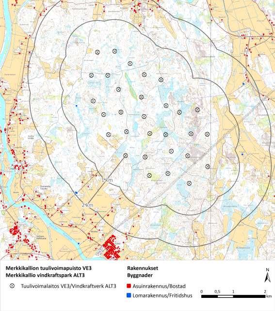 Kuva 11.5. Vakituinen asutus ja vapaa-ajan asunnot tuulivoimapuiston lähialueella vaihtoehdossa 3.