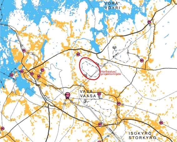 Kuva 11.12. Ote Pohjanmaan 2. vaihemaakuntakaavasta. Hankealueen sijainti on lisätty kaavakartalle.