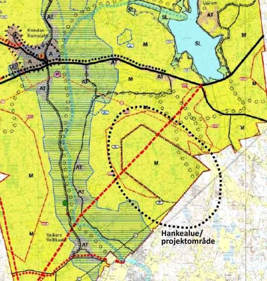Kuva 11.13. Ote Mustasaaren strategisesta yleiskaavasta (Mustasaaren kunta 2013). Hankealueen sijainti on lisätty kaavakartalle.