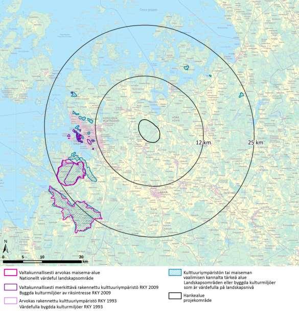 Kuva 11.24. Arvokohteet 12-25 km etäisyydellä Merkkikallion tuulivoimapuistosta.