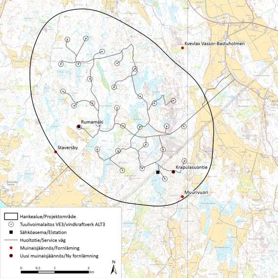 Kuva 11.37. Muinaisjäännökset hankealueella ja sen läheisyydessä vaihtoehdossa 3. 11.5.3.1 Tunnetut muinaisjäännöskohteet Staversby on luonnonkivistä noin metrin korkuiseksi kylmämuurattu kiviaita, jonka pituus on noin 150 m.
