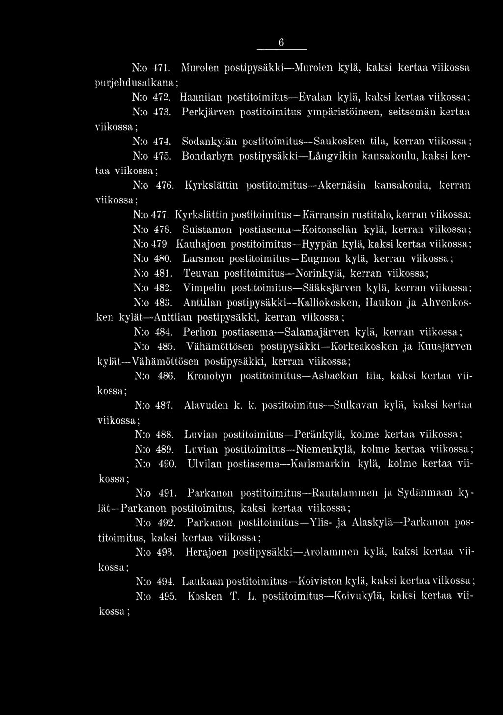 Vimpelin postitoimitus Sääksjärven kylä, kerran N:o 483. Anttilan postipysäkki -Kalliokosken, Haukon ja Ahvenkosken kylät Anttilan postipysäkki, kerran Kko 484.