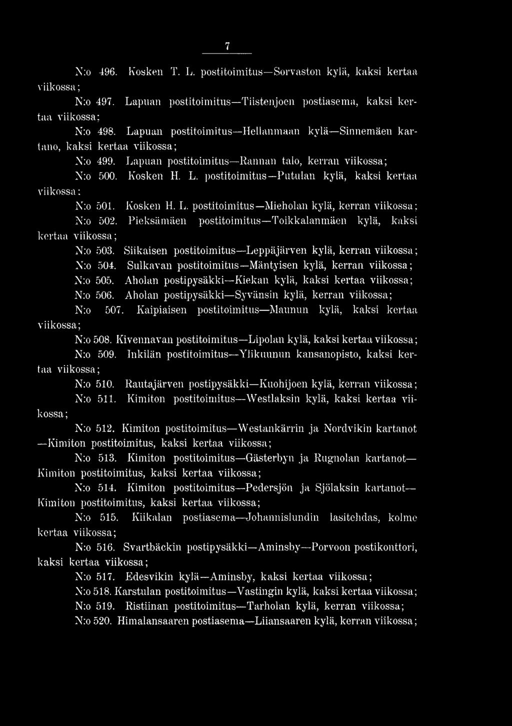 Kivennavan postitoimitus Lipolan kylä, kaksi kertaa viikossa ; Nro 509. Inkilän postitoimitus Ylikuunun kansanopisto, kaksi kertaa Nro 510.