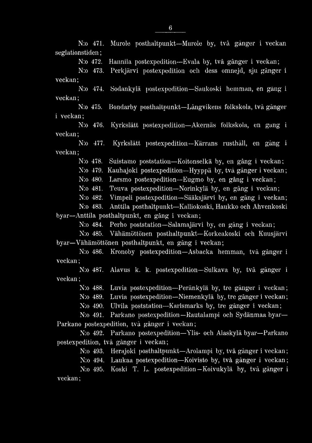 Vimpeli postexpedition Sääksjärvi by, en gång i N:o 483. Anttila posthaltpunkt Kalliokoski, Haukko och Ahvenkoski byar Anttila posthaltpunkt, en gång i N:o 484.