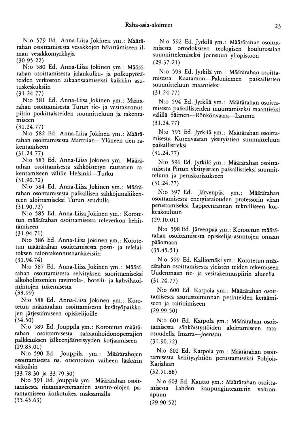 Raha-asia-aloitteet 23 N:o 579 Ed. Anna-Liisa Jokinen ym.: Määrärahan osoittamisesta vesakkojen hävittämiseen ilman vesakkomyrkkyjä (30.95.22) N:o 580 Ed. Anna-Liisa Jokinen ym.: Määrärahan osoittamisesta jalankulku- ja polkupyöräteiden verkoston aikaansaamiseksi kaikkiin asutuskeskuksiin (31.