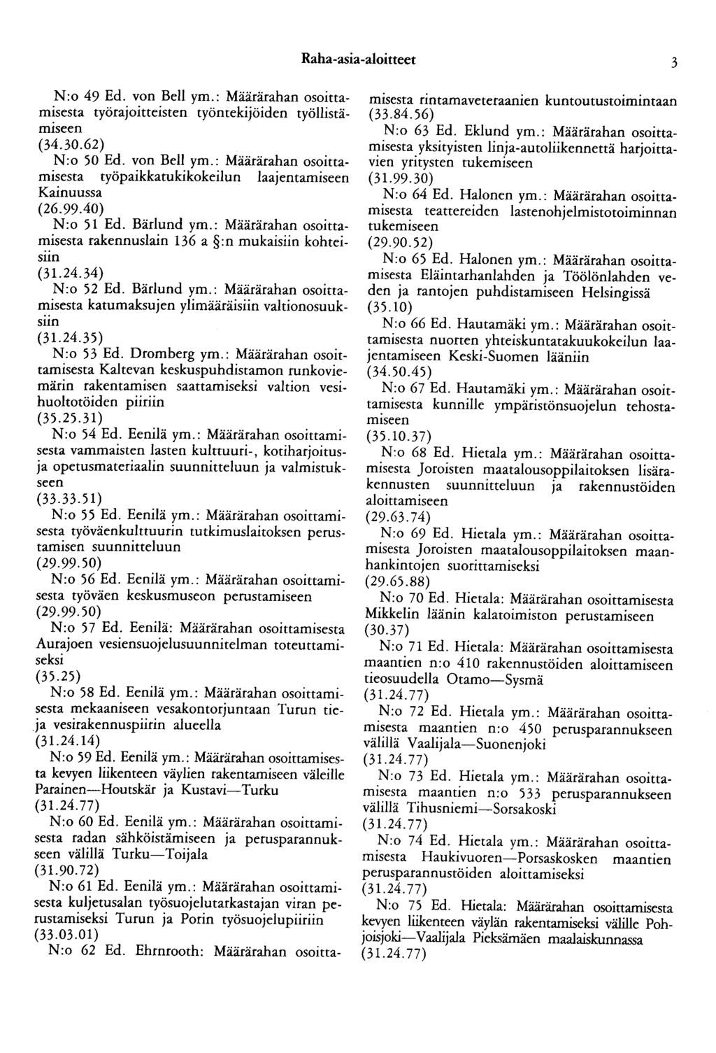 Raha-asia-aloitteet 3 N:o 49 Ed. von Bell ym.: Määrärahan osoittamisesta työrajoitteisten työntekijöiden työllistämiseen (34.30.62) N:o 50 Ed. von Bell ym.: Määrärahan osoittamisesta työpaikkatukikokeilun laajentamiseen Kainuussa (26.
