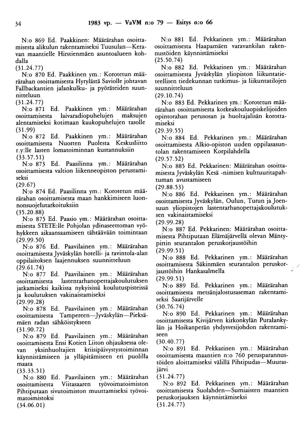 34 1983 vp. - VaVM n:o 79 - Esitys n:o 66 N:o 869 Ed. Paakkinen: Määrärahan osoittamisesta alikulun rakentamiseksi Tuusulan-Keravan maantielle Hirstienmäen asuntoalueen kohdalla (31.24.