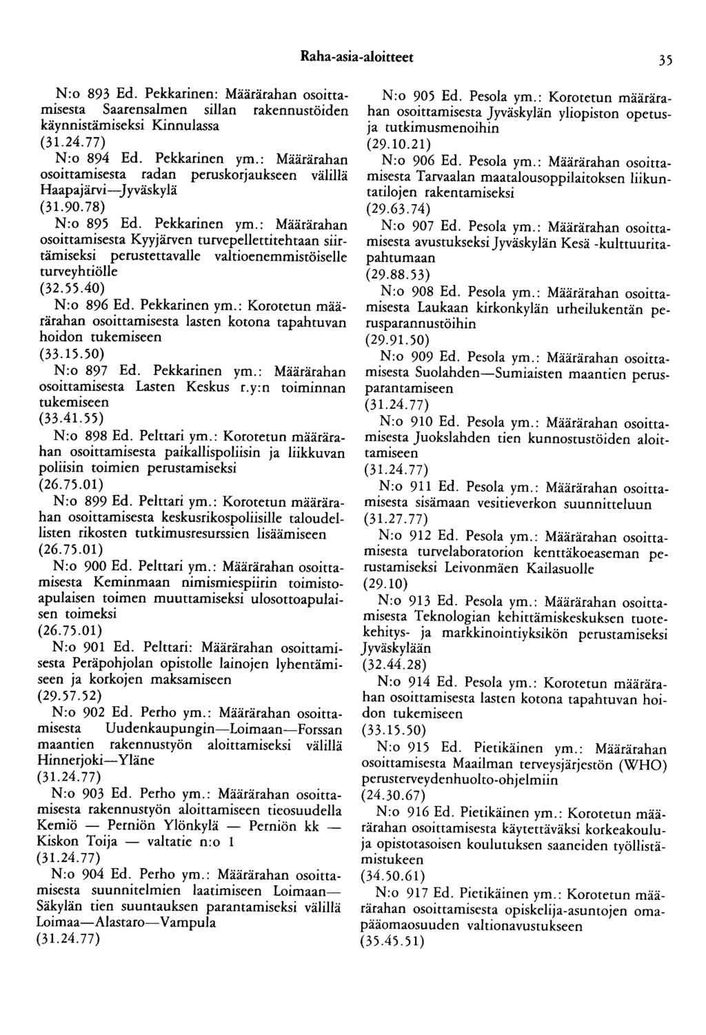 Raha-asia-aloitteet 35 N:o 893 Ed. Pekkarinen: Määrärahan osoittamisesta Saarensalmen sillan rakennustöiden käynnistämiseksi Kinnulassa (31.24. 77) N:o 894 Ed. Pekkarinen ym.