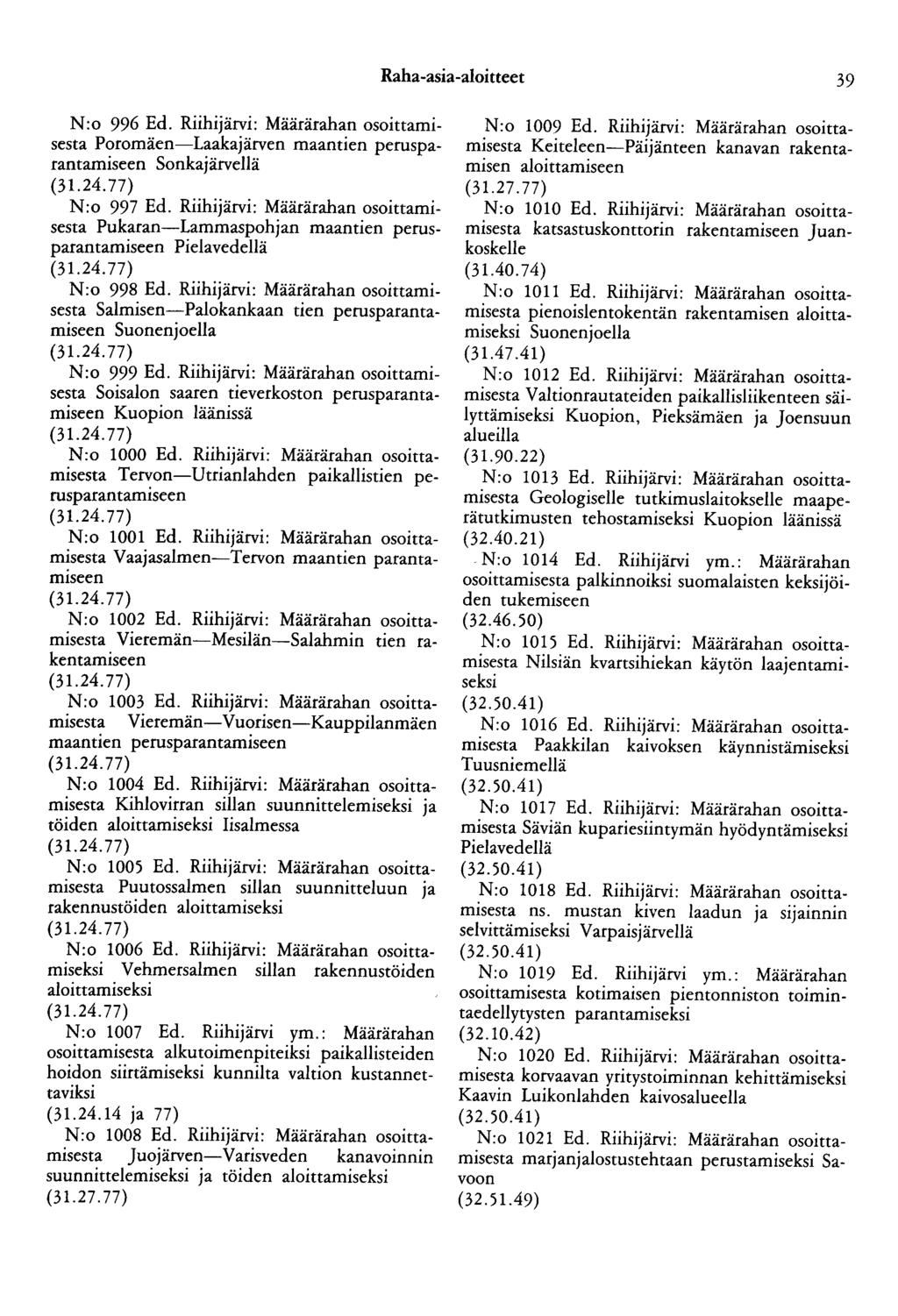 Raha-asia-aloitteet 39 N:o 996 Ed. Riihijärvi: Määrärahan osoittamisesta Poromäen-Laakajärven maantien perusparantamiseen Sonkajärvellä N:o 997 Ed.
