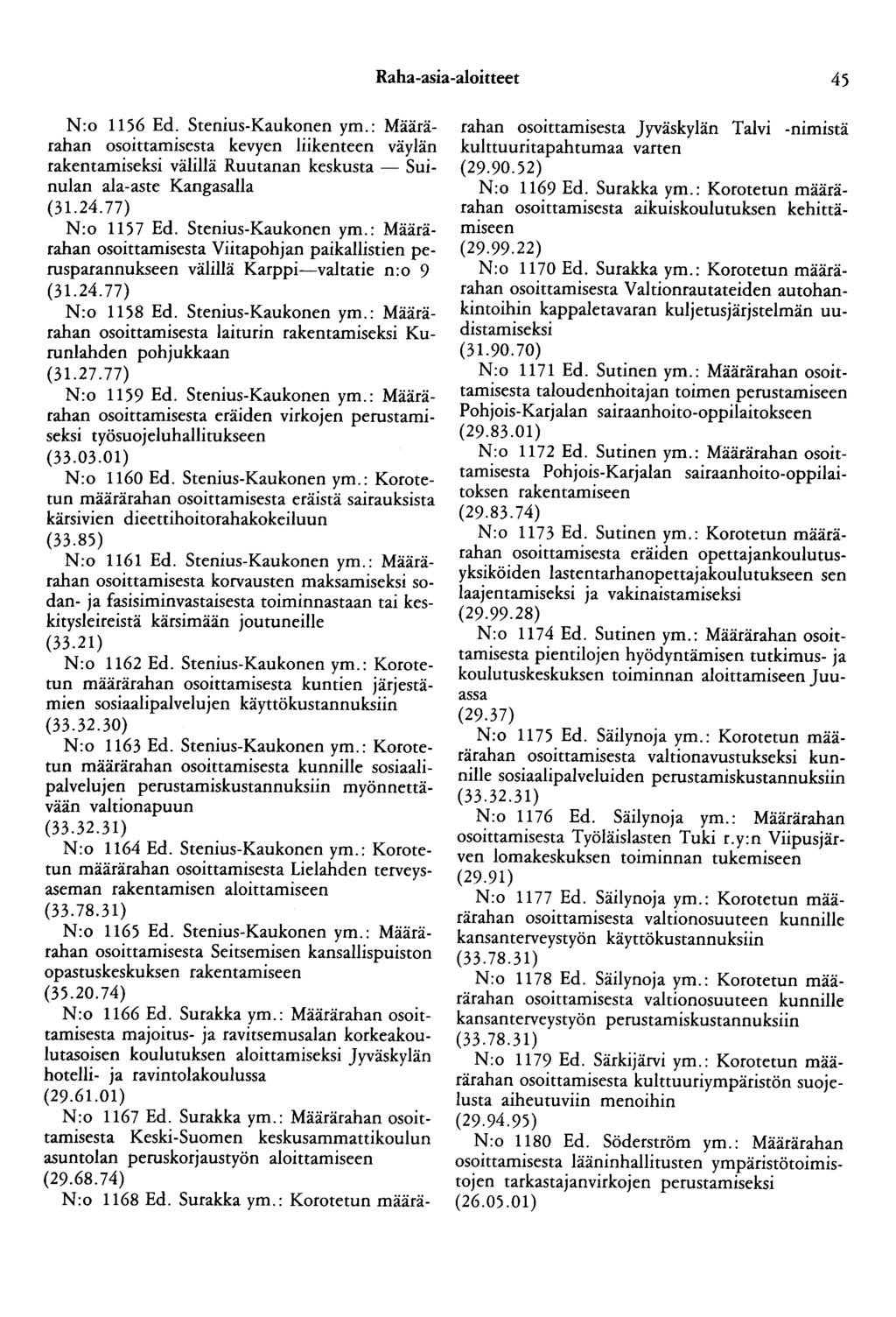 Raha-asia-aloitteet 45 N:o 1156 Ed. Stenius-Kaukonen ym.: Määrärahan osoittamisesta kevyen liikenteen väylän rakentamiseksi välillä Ruutanan keskusta - Suinulan ala-aste Kangasalla N:o 1157 Ed.