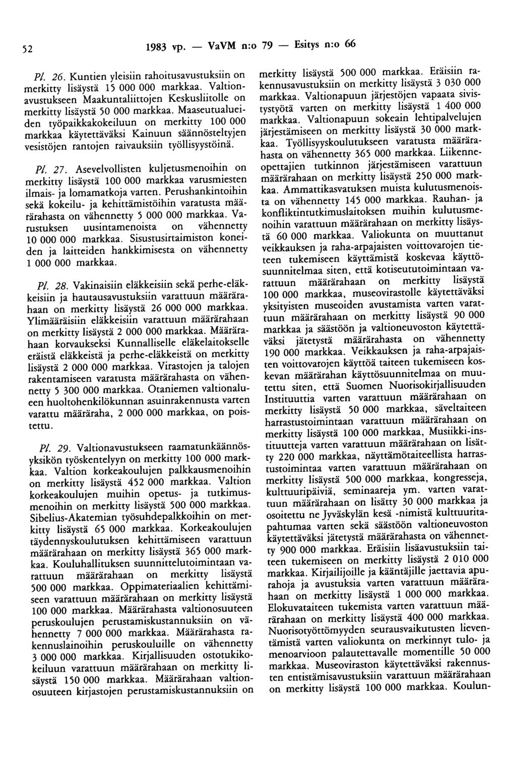 52 1983 vp. - VaVM n:o 79 - Esitys n:o 66 Pl. 26. Kuntien yleisiin rahoitusavustuksiin on merkitty lisäystä 15 000 000 markkaa.