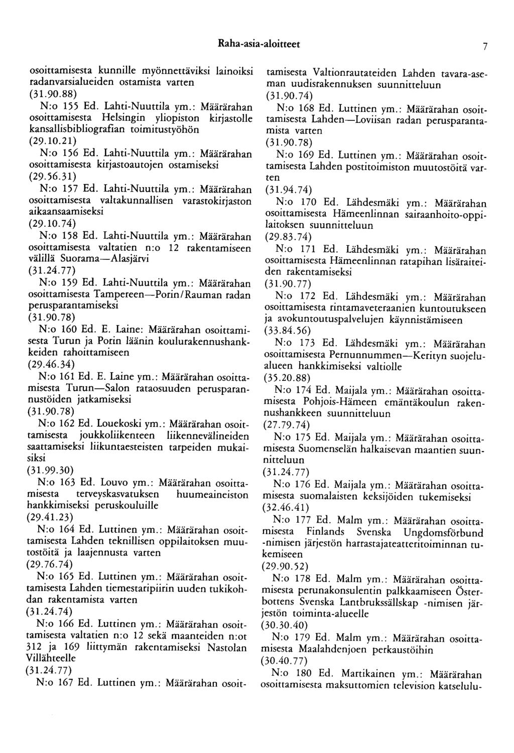Raha -asia -aloitteet 7 osoittamisesta kunnille myönnettäviksi!ainoiksi radanvarsialueiden ostamista varten (31.90.88) N:o 155 Ed. Lahti-Nuuttila ym.