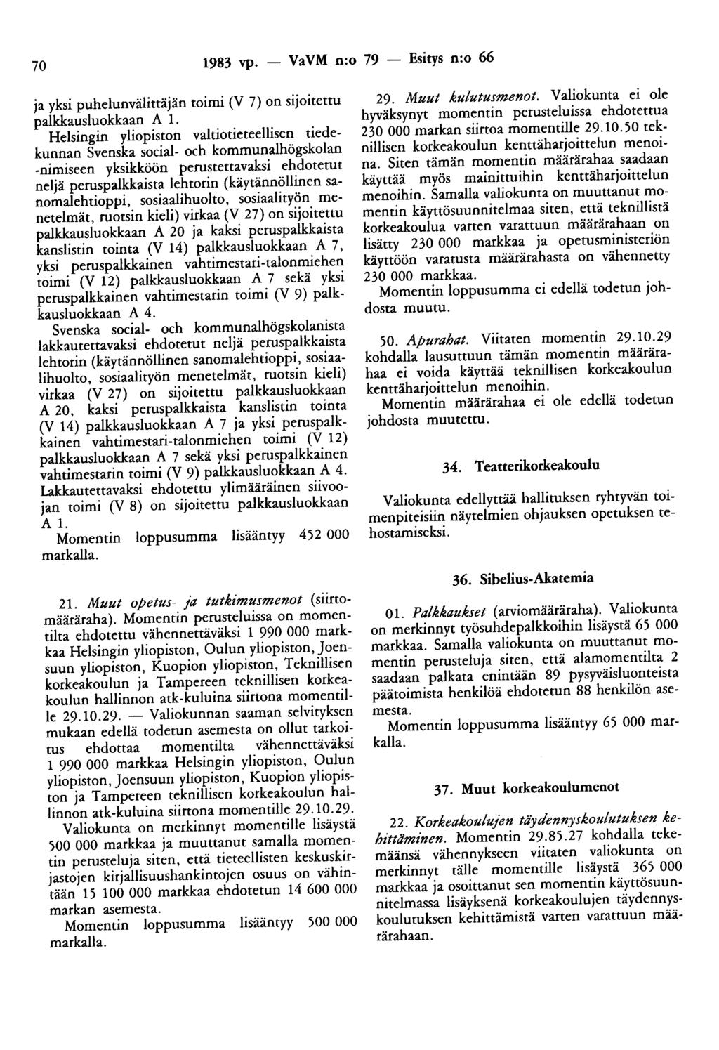 70 1983 vp. - VaVM n:o 79 - Esitys n:o 66 ja yksi puhelunvälittäjän toimi (V 7) on sijoitettu palkkausluokkaan A 1.