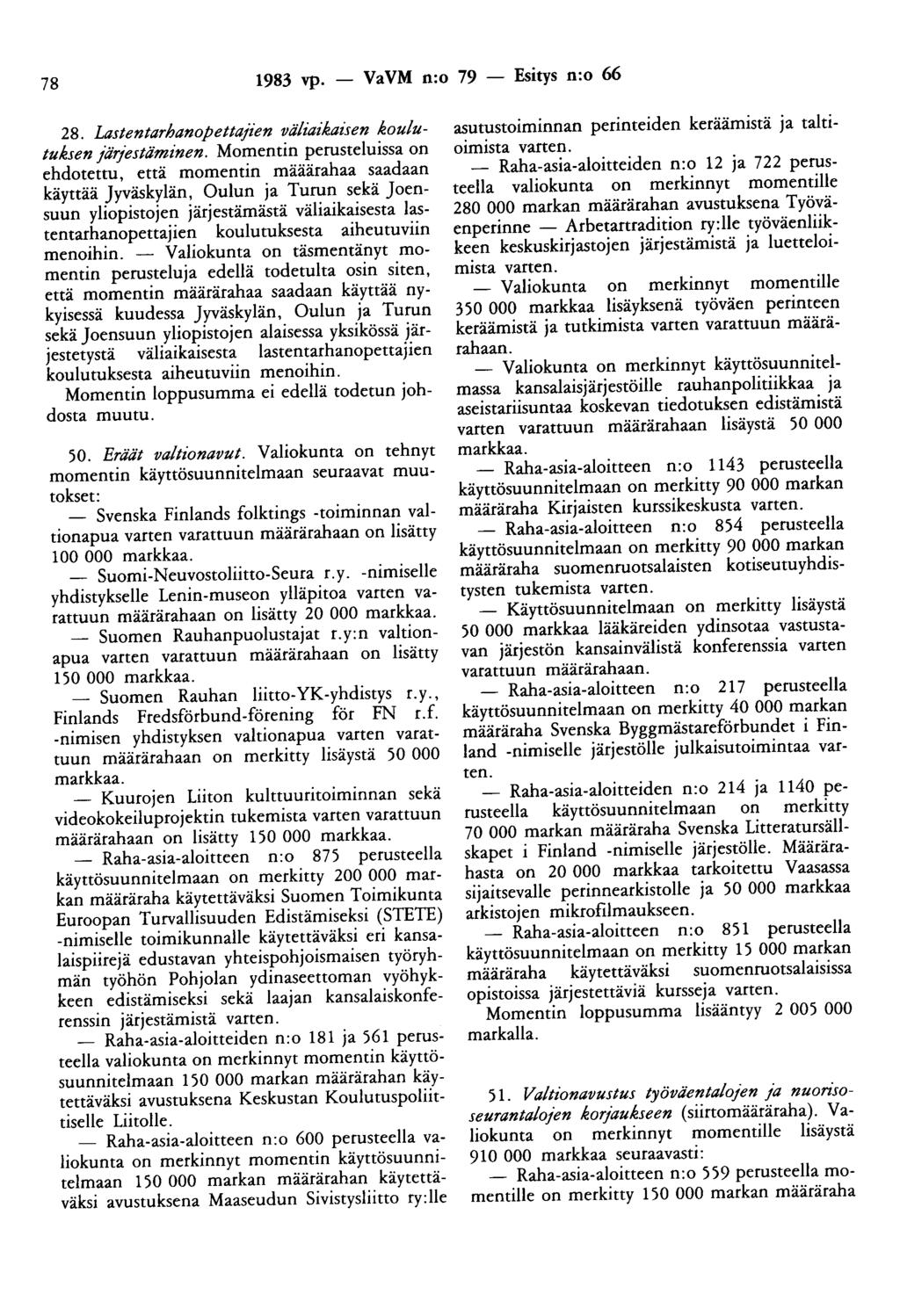 78 1983 vp. - Va VM n:o 79 - Esitys n:o 66 28. Lastentarhanopetta;i"en väliaikaisen koulutuksen järjestäminen.