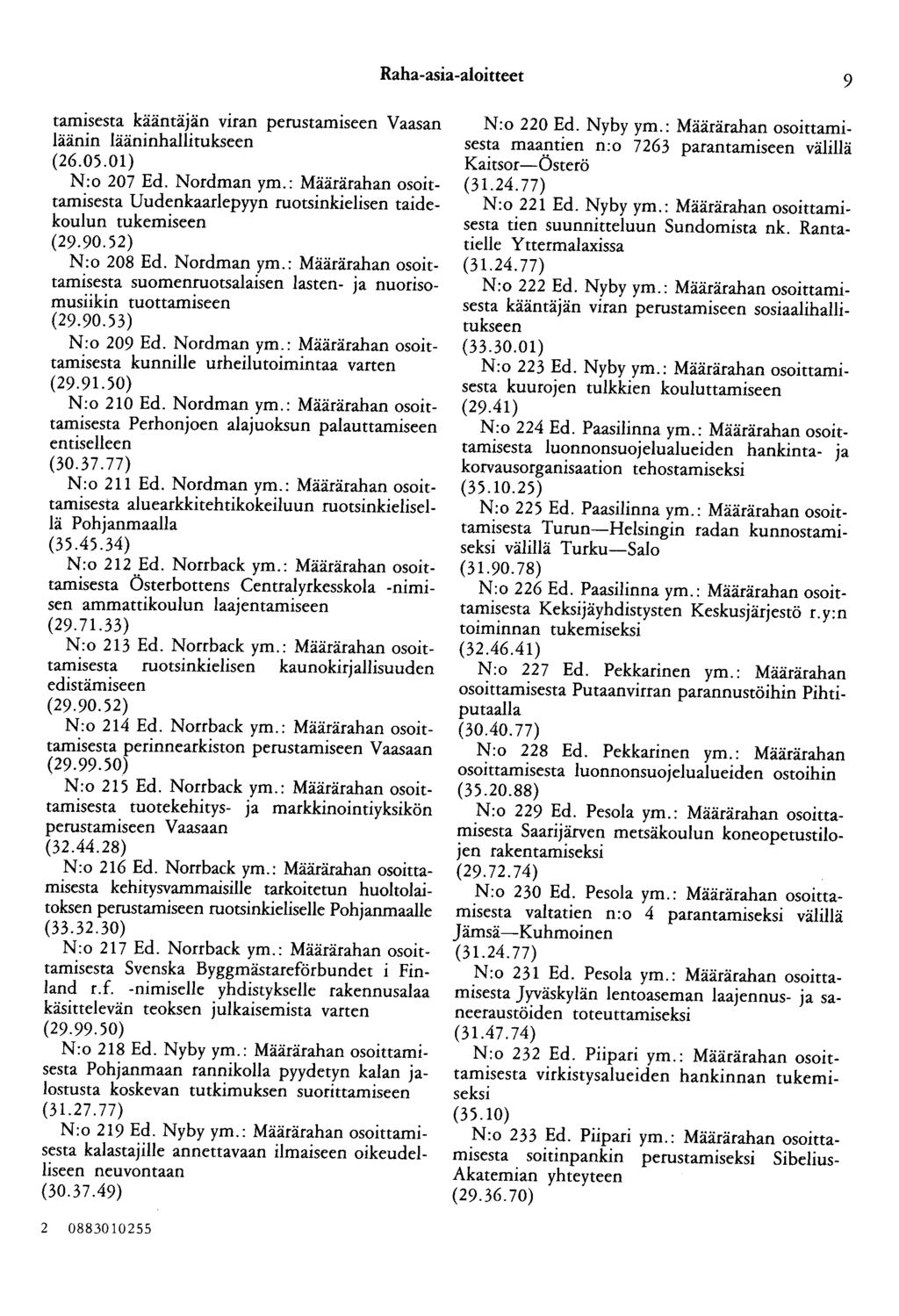 Raha-asia-aloitteet 9 tamisesta kääntäjän viran perustamiseen Vaasan läänin lääninhallitukseen (26.05.01) N:o 207 Ed. Nordman ym.