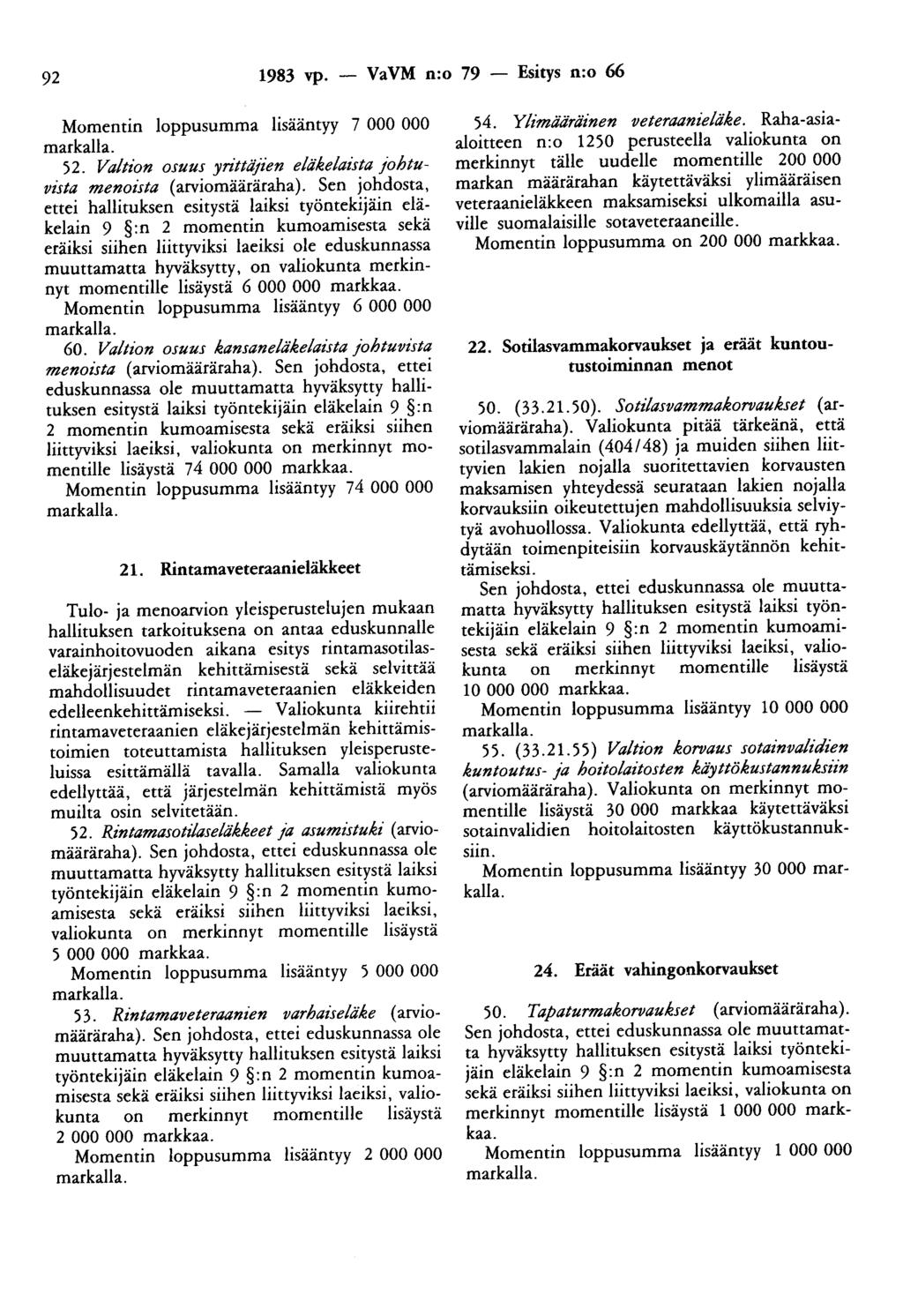92 1983 vp. - VaVM n:o 79 - Esitys n:o 66 Momentin loppusumma lisääntyy 7 000 000 markalla. 52. Valtion osuus yn"ttä;i"en eläkelaista johtuvista menoista (arviomääräraha).