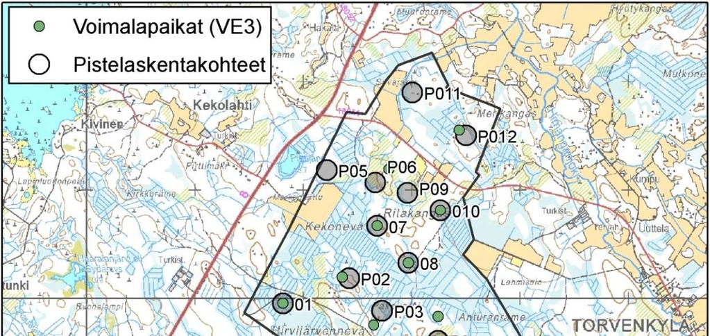 Kuva 3. Pistelaskentakohteet (vrt. liite 1) ja niiden suhde nykyisen suunnitelman voimalapaikkoihin.