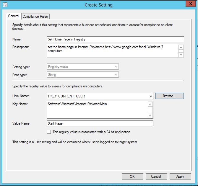 Rekisterimuutos luodaan Compliance settingsin alle, kohtaan Configuration Items.