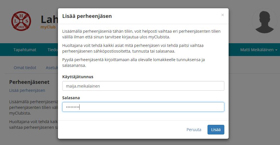 kuva 5.1.2 - lisää perheenjäsen Lisätty perheenjäsen ilmestyy samalle sivulle [kuva 5.1.3]. Täältä voit myös tarvittaessa poistaa yhdistämisen tilien välillä.