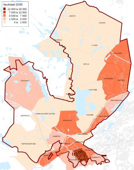 Yleiskaava-alueen välivaiheen (n. 2035) asukkaiden (noin 80 000) painottuminen kaupunginosittain.