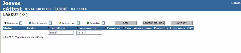 Painikkeiden selitykset 4/4 Päätetty-nappi hakee näytölle jo hyväksytyt laskut. ETSI -kentät. Voidaan hakea toimittajaa kirjoittamalla, esim.