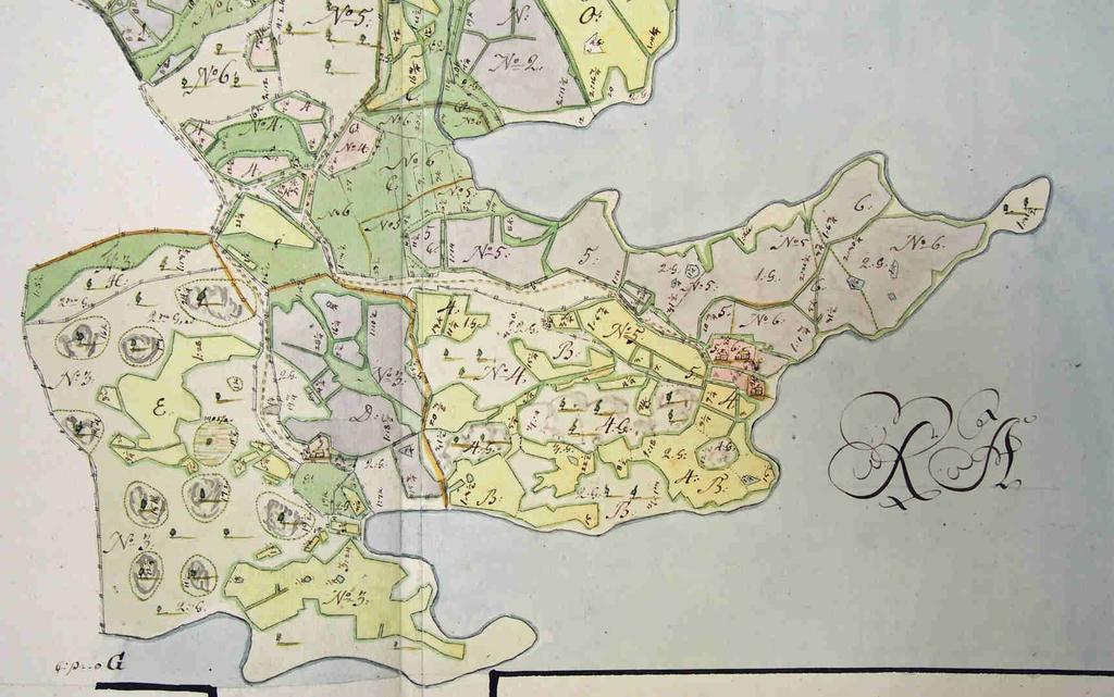 A Kuva 4. Florinin isojakokartta vuodelta 1781. Kiikkisen yksinäistalon tonteista vain toinen (A) on yhä asuttu.