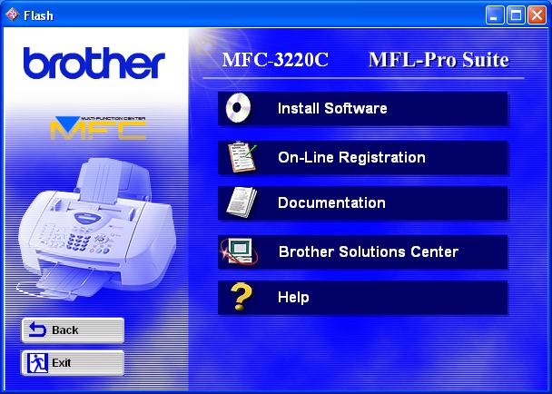 Vaihe 2 Pakkauksen mukana toimitettu CD-ROM-levy (MFL-Pro Suite) CD-ROM-levyn sisältö on seuraava: Install Software [Ohjelmiston asennus] Voit asentaa tulostimen, PC-FAX-faksilähetyksen ja skannerin