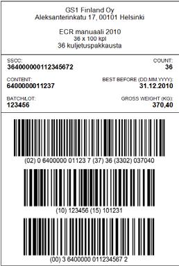 ja tuotekuvaus Pakkaustiedot Pakkaustiedot viivakoodeina Lisätietoa GS1 merkinnöistä ja niiden käytöstä antaa GS1 Finland Oy (gs1.fi) Lavalapun käyttö Lavalapun suosituskoko on A5 (148 mm x 210 mm).