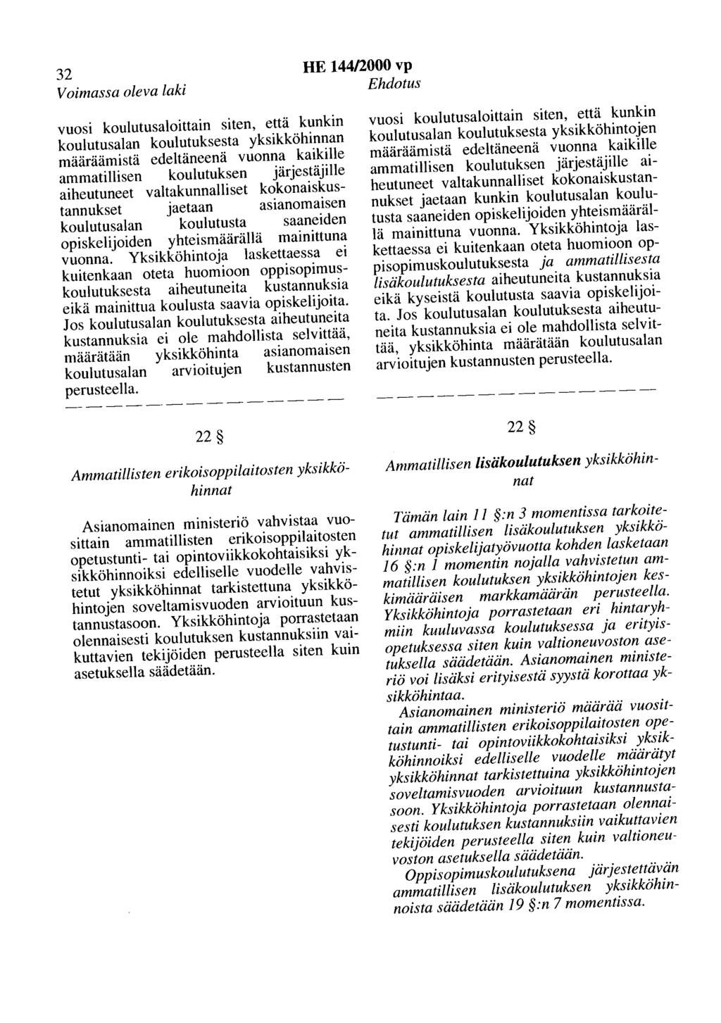 32 Voimassa oleva laki HE 144/2000 vp Ehdotus vuosi koulutusaloittain siten, että kunkin koulutusalan koulutuksesta yksikköhinnan määräämistä edeltäneenä vuonna kaikille ammatillisen koulutuksen