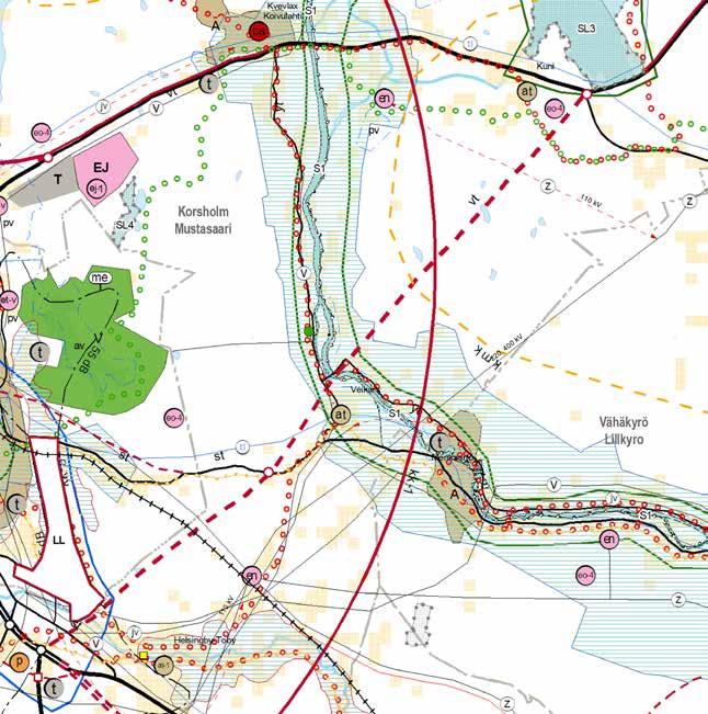 Bild 2. Kuva 2. Utdrag ur Österbottens landskapsplan. Ote Pohjanmaan maakuntakaavasta. 2.3. Utvecklings projekt I Vasa regionen som påverkar projektet. 2.3.1. Liselunds Risö kvalitetskorridor 2.3. Hankkeeseen vaikuttavat kehittämishankkeet Vaasan seudulla 2.