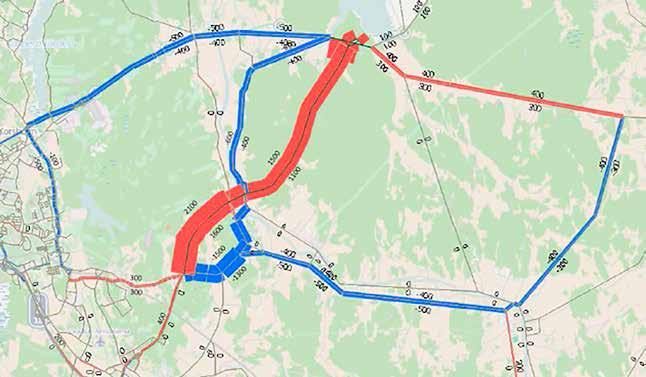 Bild 14. Trafikmängder på den nya vägsträckningen (Kuni Martois) enligt prognosen för 2040, fordon / dygn. Röd färg indikerar trafikökning, blå minskning. Kuva 14.