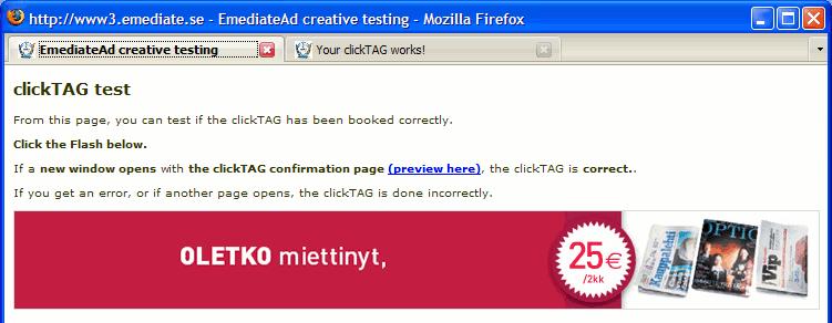 Flash-aineiston lisäys - Testaa klikkitägin toimivuus 1. Klikkaa mainosta 2.