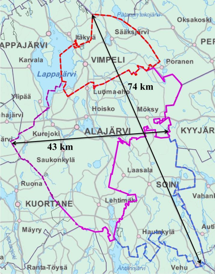 Kuva 1. Järvi-Pohjanmaa ja etäisyydet pohjois- ja etelä- sekä itä- ja länsisuunnassa (Järvi-Pohjanmaan tekninen toimi).