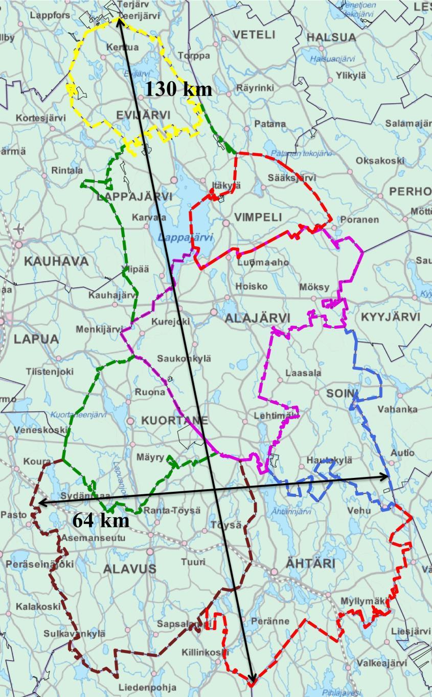 Kuva 2. Järviseutu ja Kuusiokunnat sekä etäisyydet pohjois- ja etelä- sekä itä- ja länsisuunnassa (Järvi-Pohjanmaan tekninen toimi).
