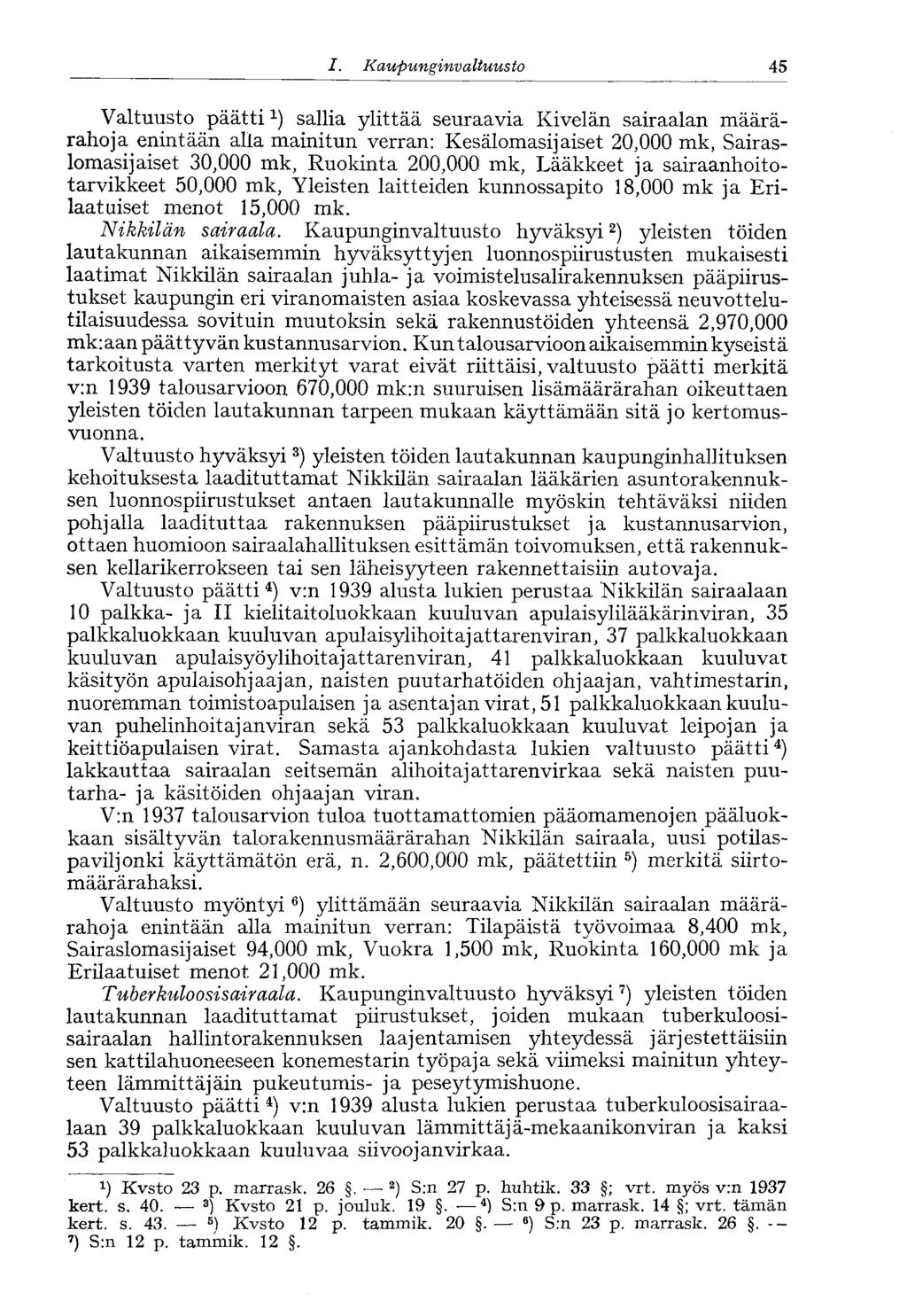 /., Kaupunginvaltuusto 45 Valtuusto päätti 1 ) sallia ylittää seuraavia Kivelän sairaalan määrärahoja enintään alla mainitun verran: Kesälomasijaiset 20,000 mk, Sairaslomasijaiset 30,000 mk, Ruokinta