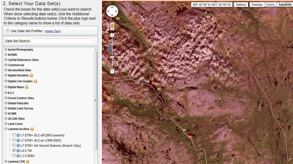 Suomesta on saatavilla Landsatsatelliittikuvia (Landsat Archive>Pre-Collection>Landsat Surface Reflectance - L4-5 TM), mutta palvelussa on myös ilmakuvia, korkeusmalleja jne.