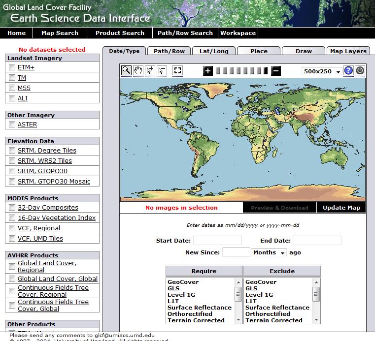 Uusimmat Landsat MSS, TM ja ETM+ -kuvat Suomen alueelta ovat vuodelta 2006. Latauspalvelu on osoitteessa http://glcfapp.glcf.umd.edu:8080/esdi/ (kuva 4). Kuva 4.