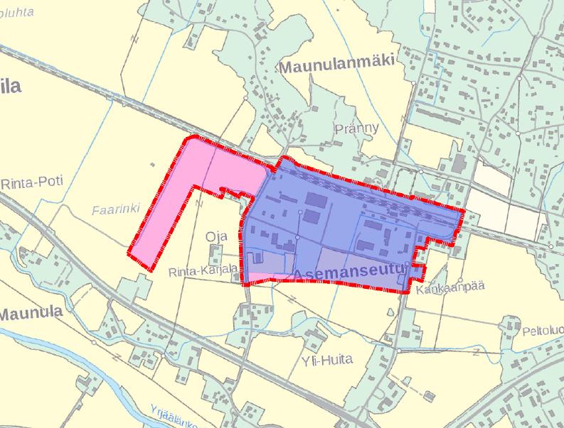 4 Kuva 2. Suunnittelualueen rajaus. Asemakaavan muutosalue on esitetty sinertävällä värillä ja kaavan laajennusalue punertavalla väripinnalla. Maanmittauslaitos. 3.