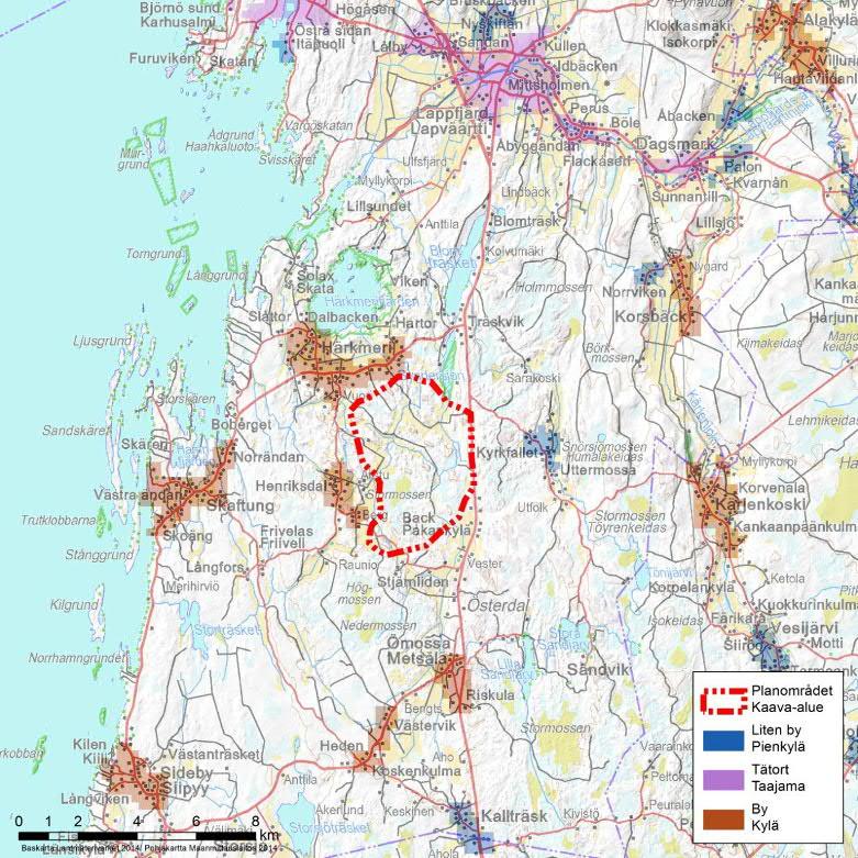 36 / 71 puolella. Etelässä ja idässä lähimmät taajamat sijaitsevat yli 20 km päässä hankealueesta.