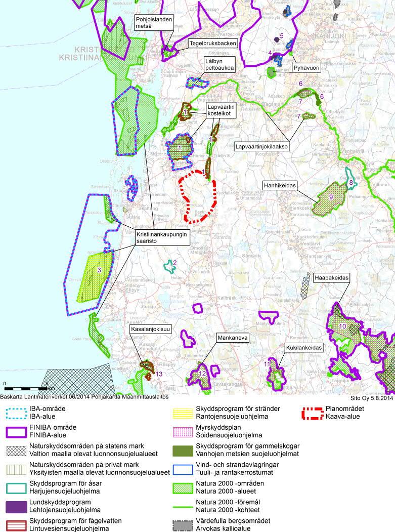 50 / 71 Kuva 26. Kaava-alueesta 20 km:n sisällä olevat luonnonsuojelualueet ja luonnonsuojeluohjelman kohteet.
