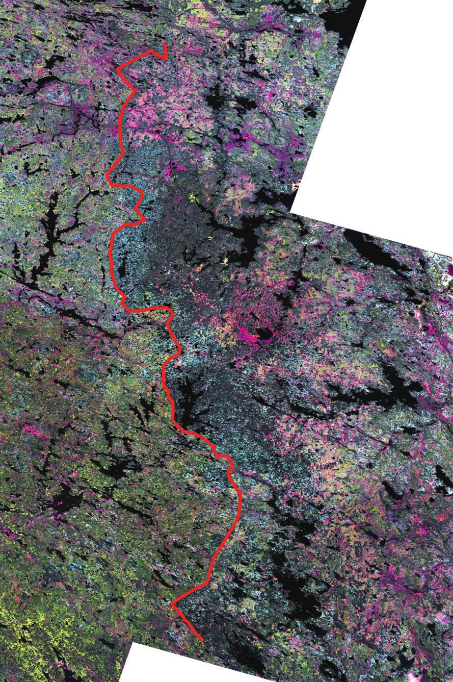 Kuva 2. Landsat TM satelliittikuva Kainuun ja Vienan Karjalan rajaseudulta. Valtakunnanraja on merkitty punaisella viivalla.