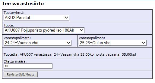 4 Tapahtumaluettelo Tässä näkyy kirjaukset, sekä projekteille että varastosiirrot Tapahtumat näkyy kronologisessa järjestyksessä 3 kuukautta takautuvasti.
