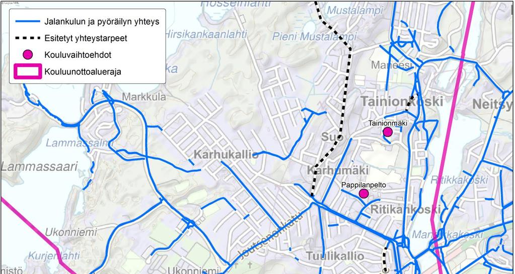 4 E F G Kuva 3. Kouluunottoalueen kävelyn ja pyöräilyn reitit (Lähde: Imatran kaupunki, Digiroad). (Raportin viimeistelyvaiheessa kartta laajennetaan koko kouluunottoalueelle.) 2.