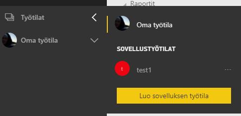 Oman sovellus työtilan tekeminen varsinaisesti alkaa kirjautumisen jälkeen Power BI sovellus sivuille samaan malliin kuin aiemmin. Valitaan vasemmalla olevasta palkista Työtilat.