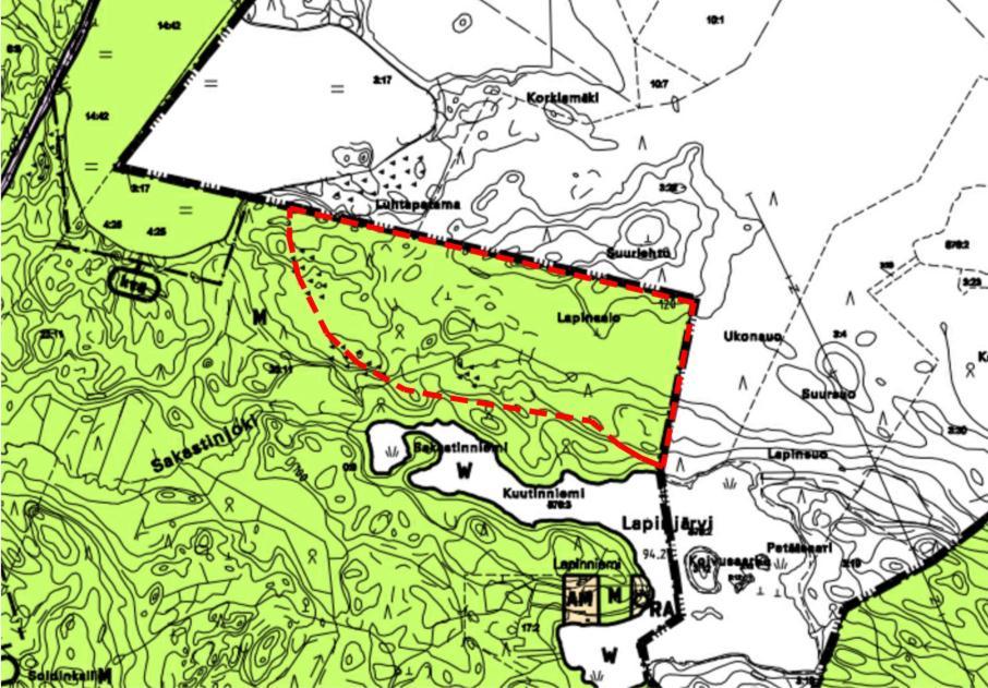 Ote Haukiveden - Haapaveden osayleiskaavasta. Punainen katkoviiva osoittaa osayleiskaavan muutosalueen.